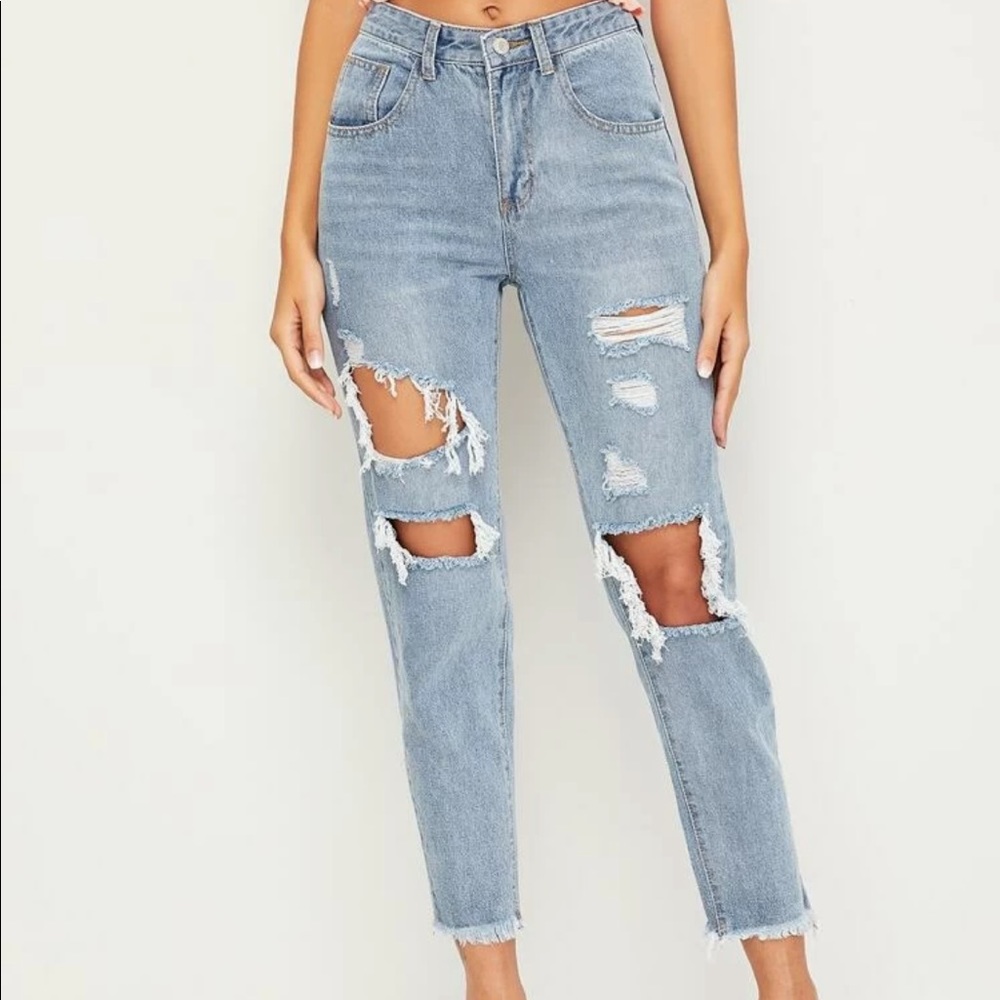 Shein distressed high rise raw hem mom jeans